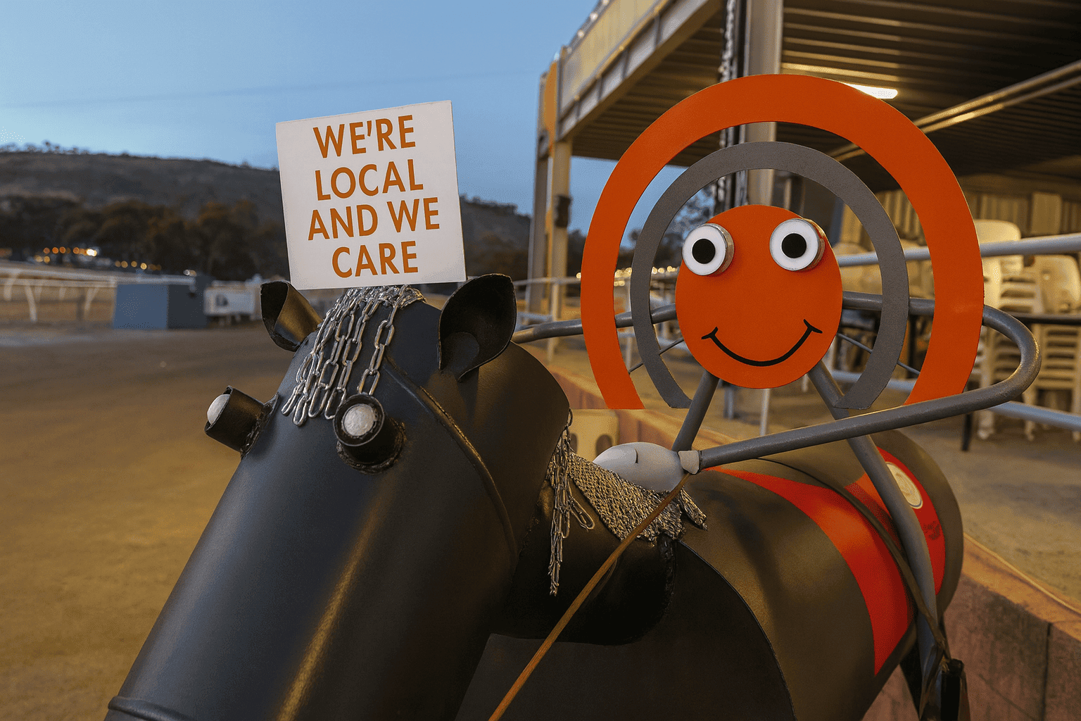 DaveFavicon40x40px512x512px Creative horse sculpture with a smiling face and a "We're Local and We Care" sign at Kulin Bush Race.