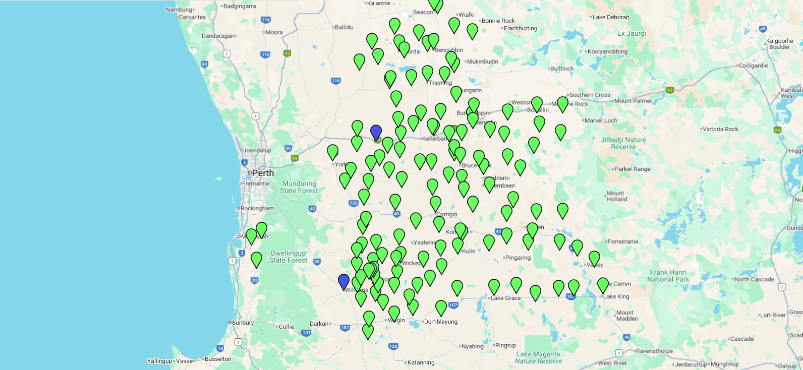 DaveFavicon40x40px512x512px Map showing internet upgrade locations in Wheatbelt towns, Western Australia.
